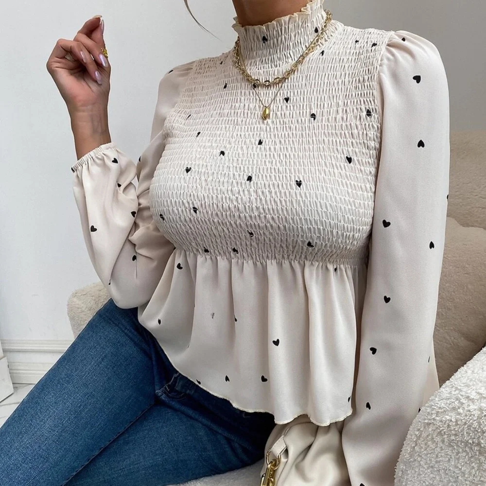 Boho Burgundy Red Heart Print Frill Neck Top - Picture 4 of 7